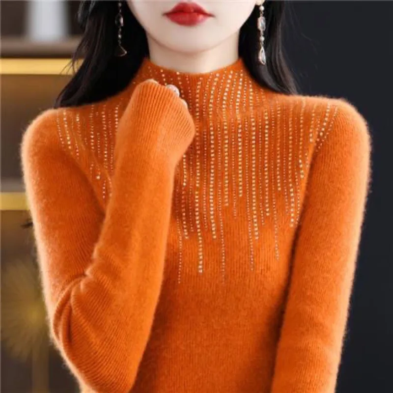 Autunno e inverno delle donne nuovo Pullover mezzo collo alto maglione con diamanti caldi tinta unita strato di moda lavorato a maglia top a maniche lunghe