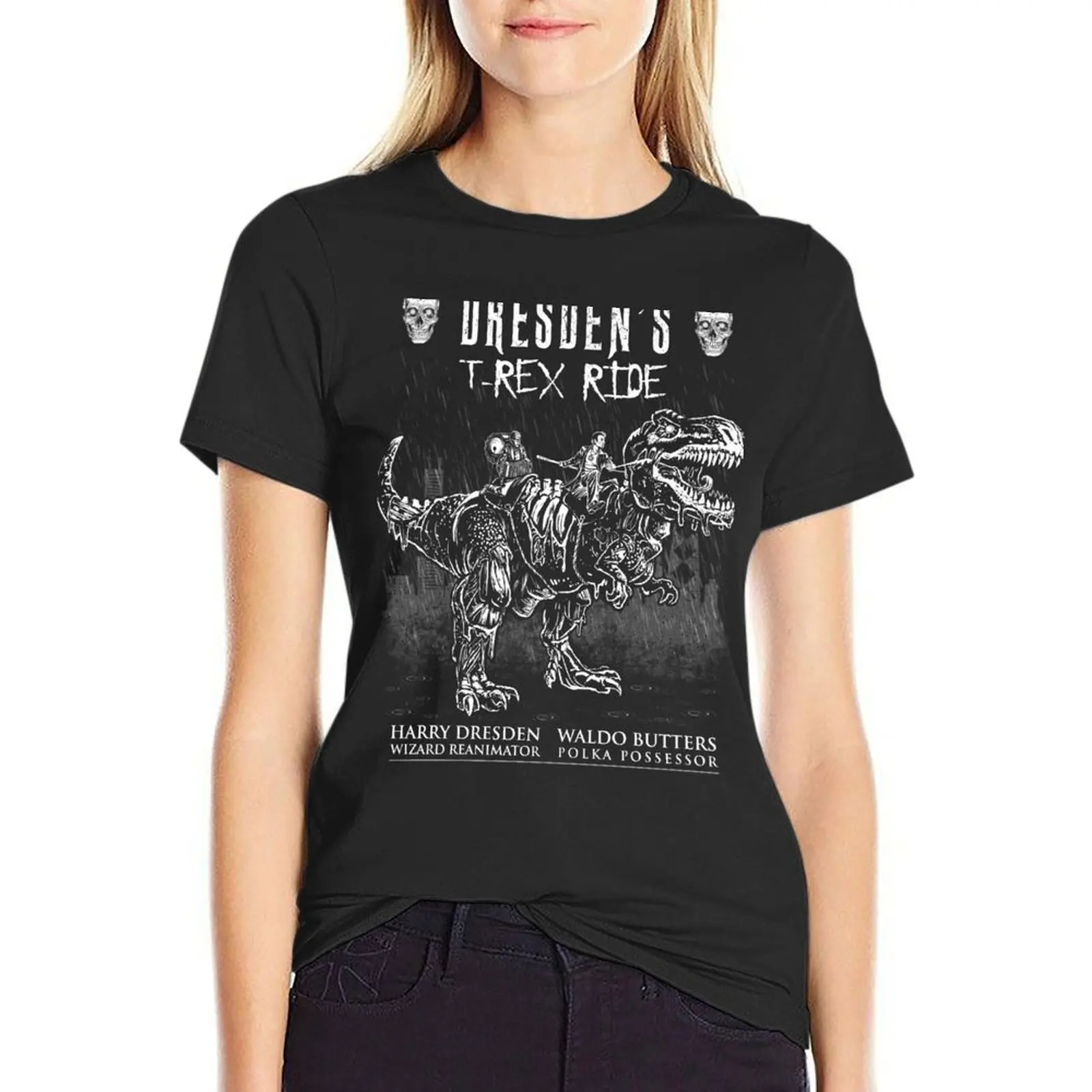 

T-Rex Polka Never Dies Dresden Files Harry Waldo T-Shirt graphics cute clothes cute t-shirts for Women