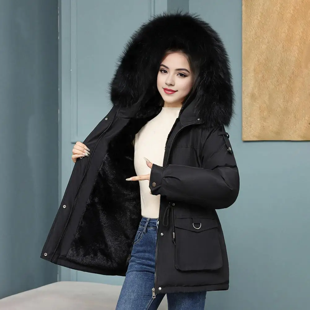 

Women Winter Coat Thick Plush Furry Hooded Pockets Drawstring Waist Zip-up Windproof Mid Length Overcoat Outdoor Outwear