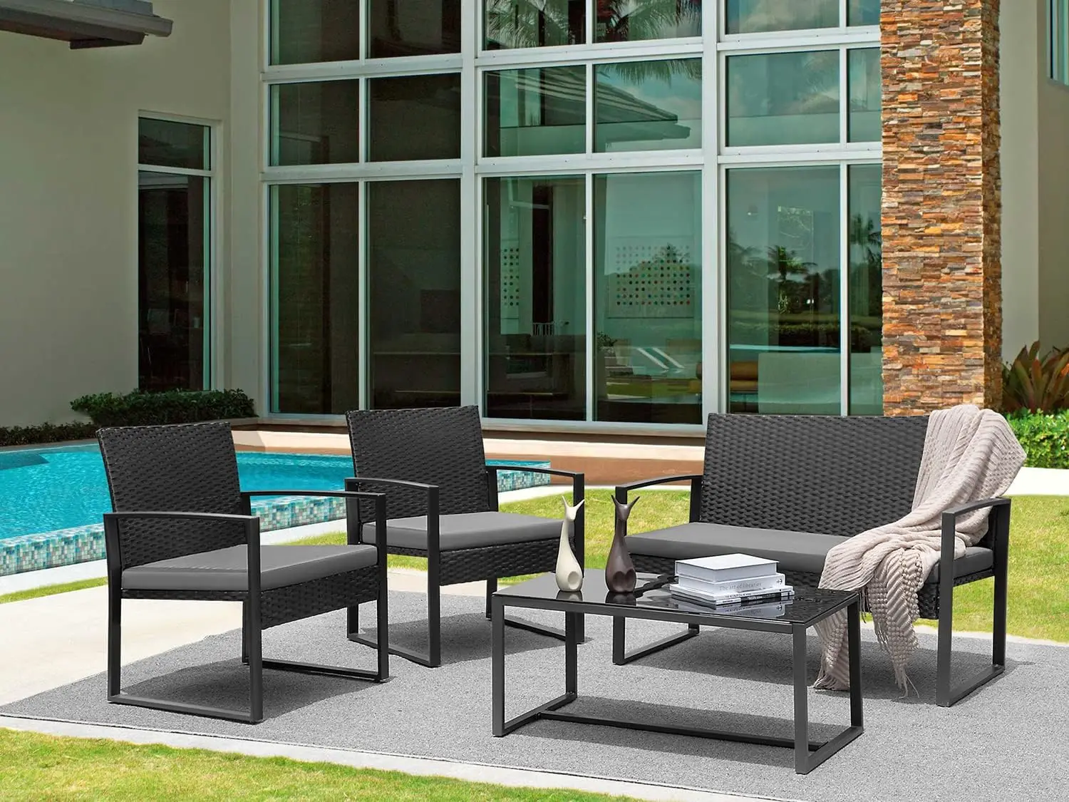 Patio Set 4 Stuk Veranda Meubels Met Kussens Rotan Gesprek Sofa Set Metalen Patio Tafel En Loveseat Stoelen