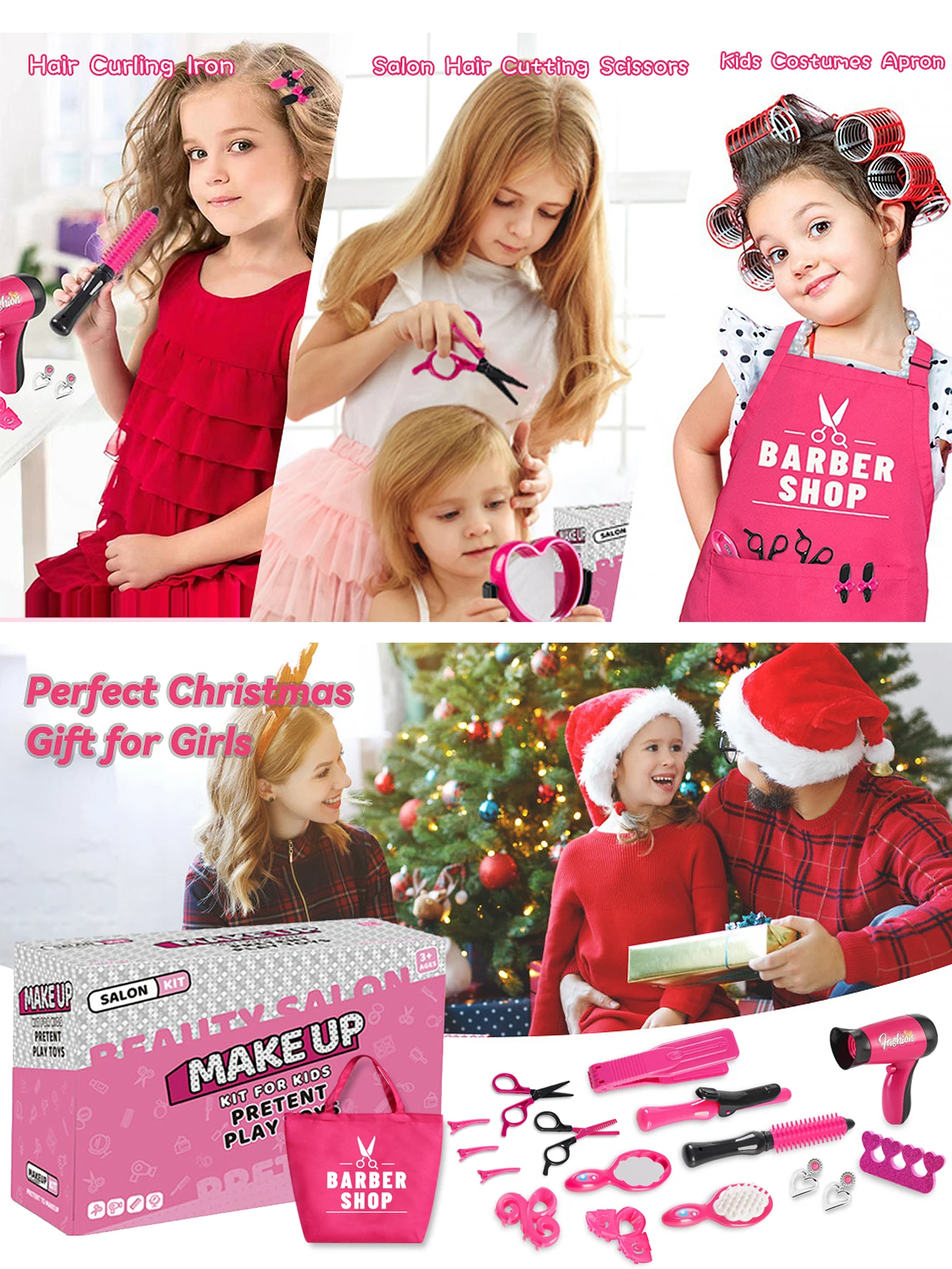Set da salone di bellezza per ragazze da 17 pezzi, kit per tagliare i capelli, giocattolo da parrucchiere con asciugacapelli, forbici, grembiule da barbiere, regalo per ragazza