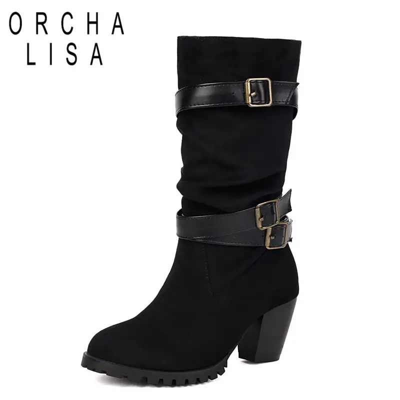 

ORCHA LISA 2025 Женские сапоги до середины икры с круглым носком и блочным каблуком 6,5 см, без шнуровки с пряжкой на ремне, большие размеры 45, 46 47 48 Fashion Dating Bota