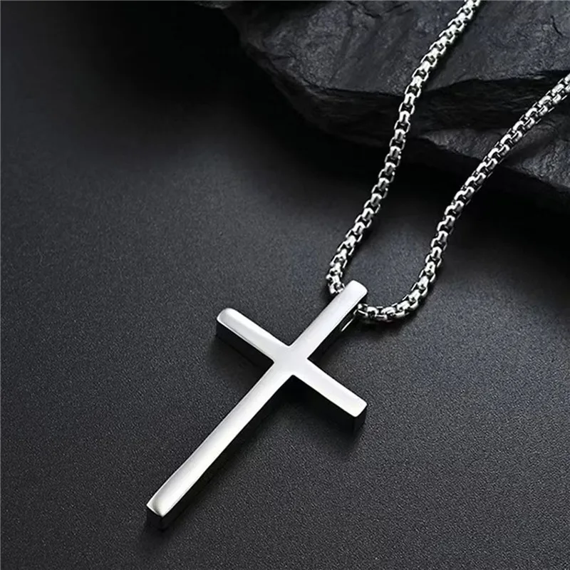 Modyle Punk Vintage Stainless Steel Cross Necklace for Men Women Silver Color Plain Cross Pendant Collar Male Jewelry Gifts