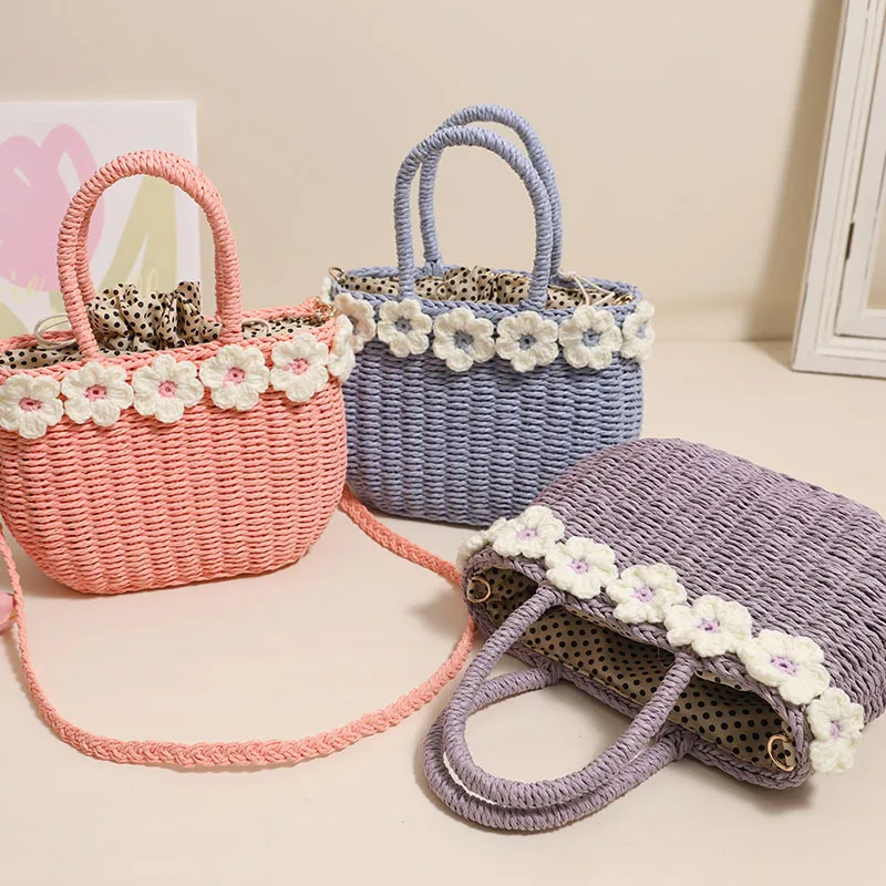 

Appliques Woven Basket Bags for Women Handbag Cute Flower Beach Women Bag Small Fruit Picnic Basket Shoulder Crossbody Bag Purse