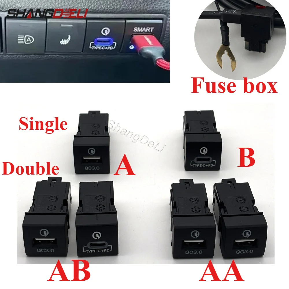 Blue LED Light Single/Dual Port PD Type-C QC3.0 Charger Retrofit Car Socket Fit for Toyota PRADO 2018-2022 Fuse Box Installation