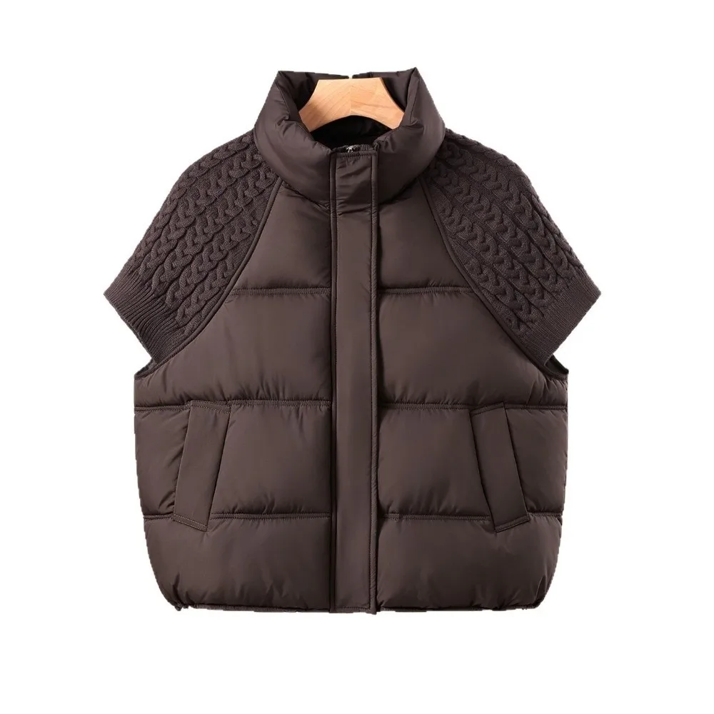 Casual Stitching Design Knitted Vest Loose Fit Warm Lining Cotton Vest Short Waistcoat Layering Outfit