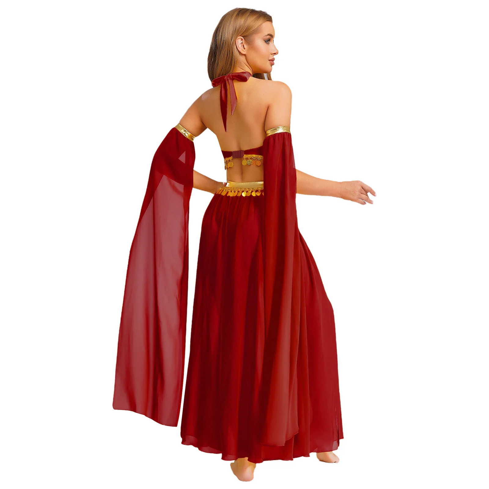 Women Belly Dance Performance Costume Set Self-Tie Halter Sequins Hem Crop Top with Side Slit Chiffon Skirt and Split Sleeves