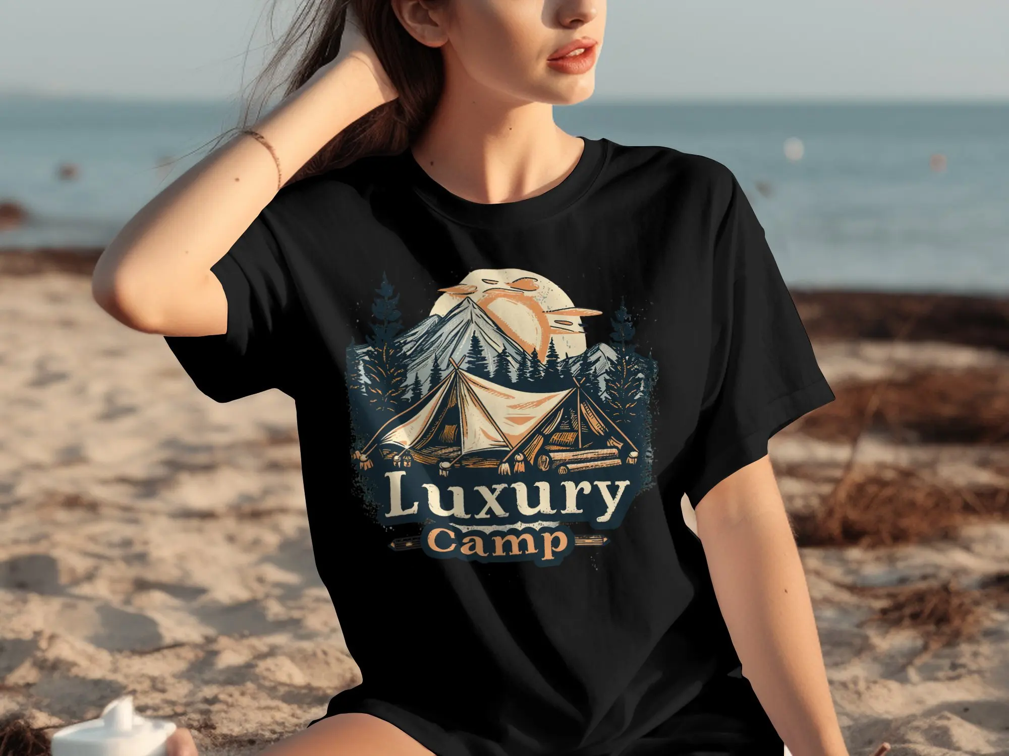 Luxury Camp T Shirt Nature Tent Adventure Camping Outdoor Mountains Sunset Wanderer For Lovers