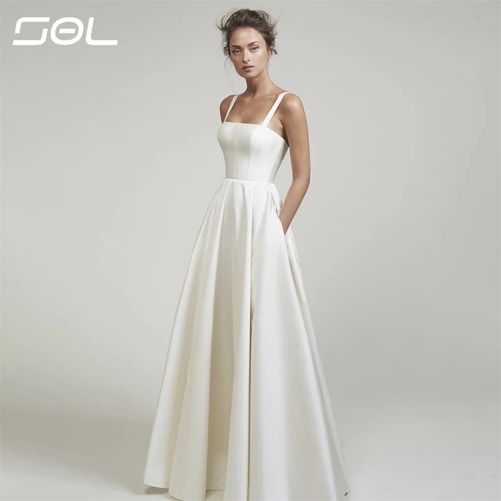 

Sol Simple Square Collar Satin Wedding Dress For Women Sexy Back Up Spaghetti Straps A-Line Bridal Gown Robe De Mariee