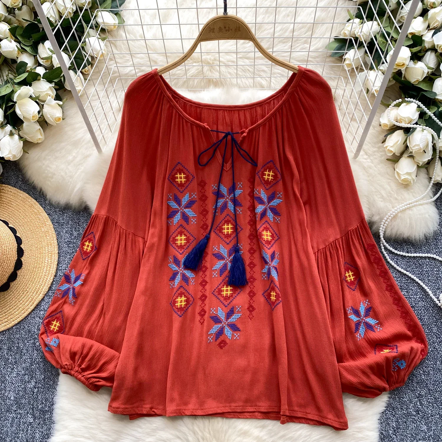 Vintage Elegant Embroidery Lantern Sleeve Blouse Fashion O-neck  Shirt  Casual Chic Top Fairy  Summer Women