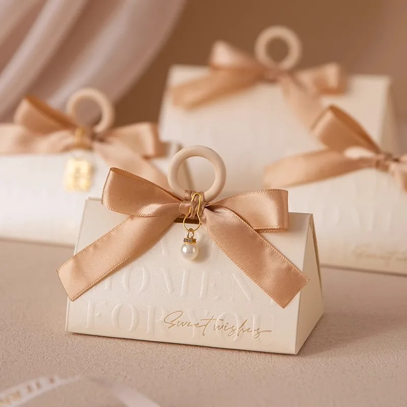 Caja de regalo de boda de champán con Pilar Triangular, embalaje de dulces, bolsa de anillo de madera para Baby Shower, ceremonia de bebé, recuerdos de fiesta, 20/50 Uds.
