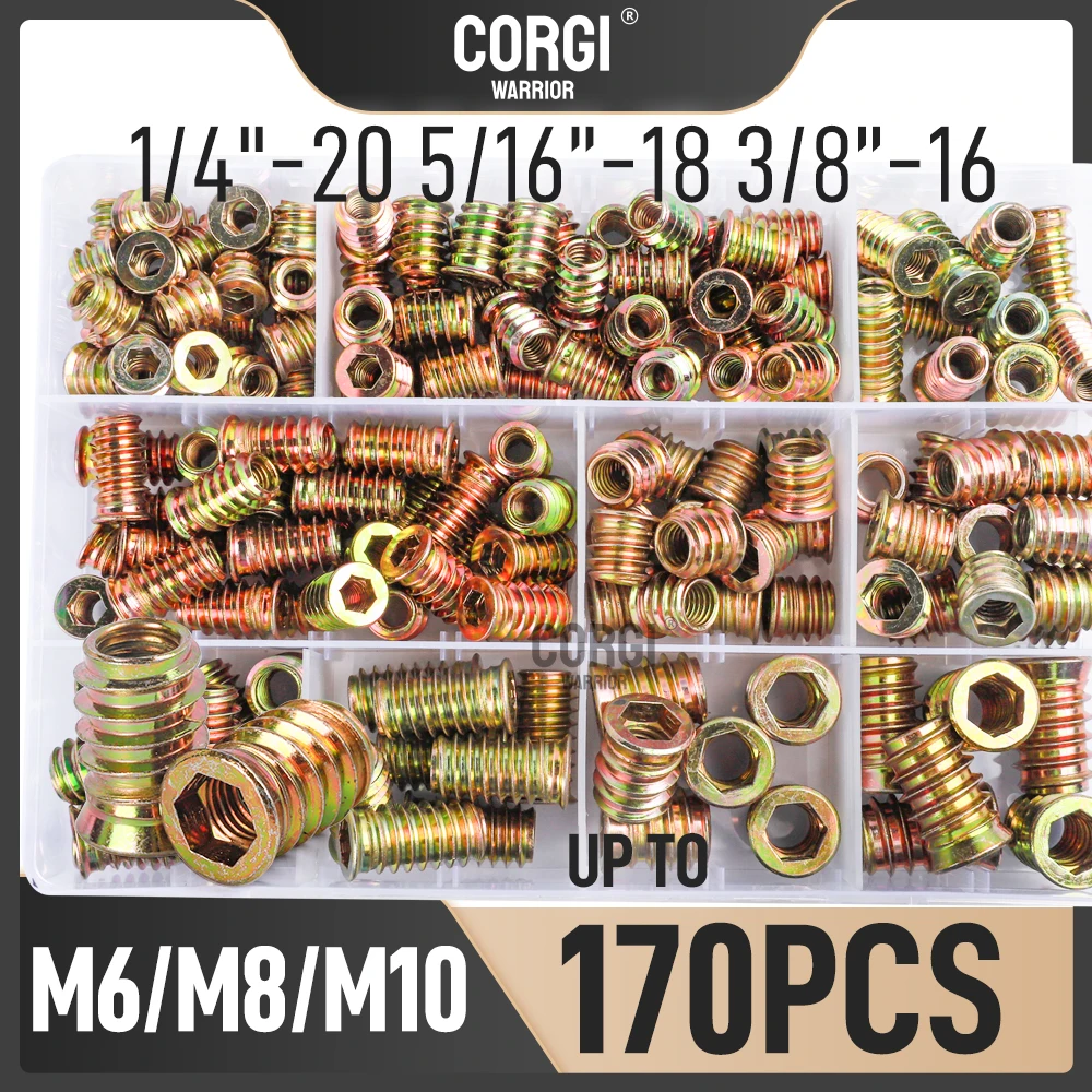 Pieces 40 to 170 M6 M8 M10 Threaded Wood Inserts Nuts Assortment Kit 1/4-20 5/16-18 3/8-16 Steel Insert for Woodwork Furniture