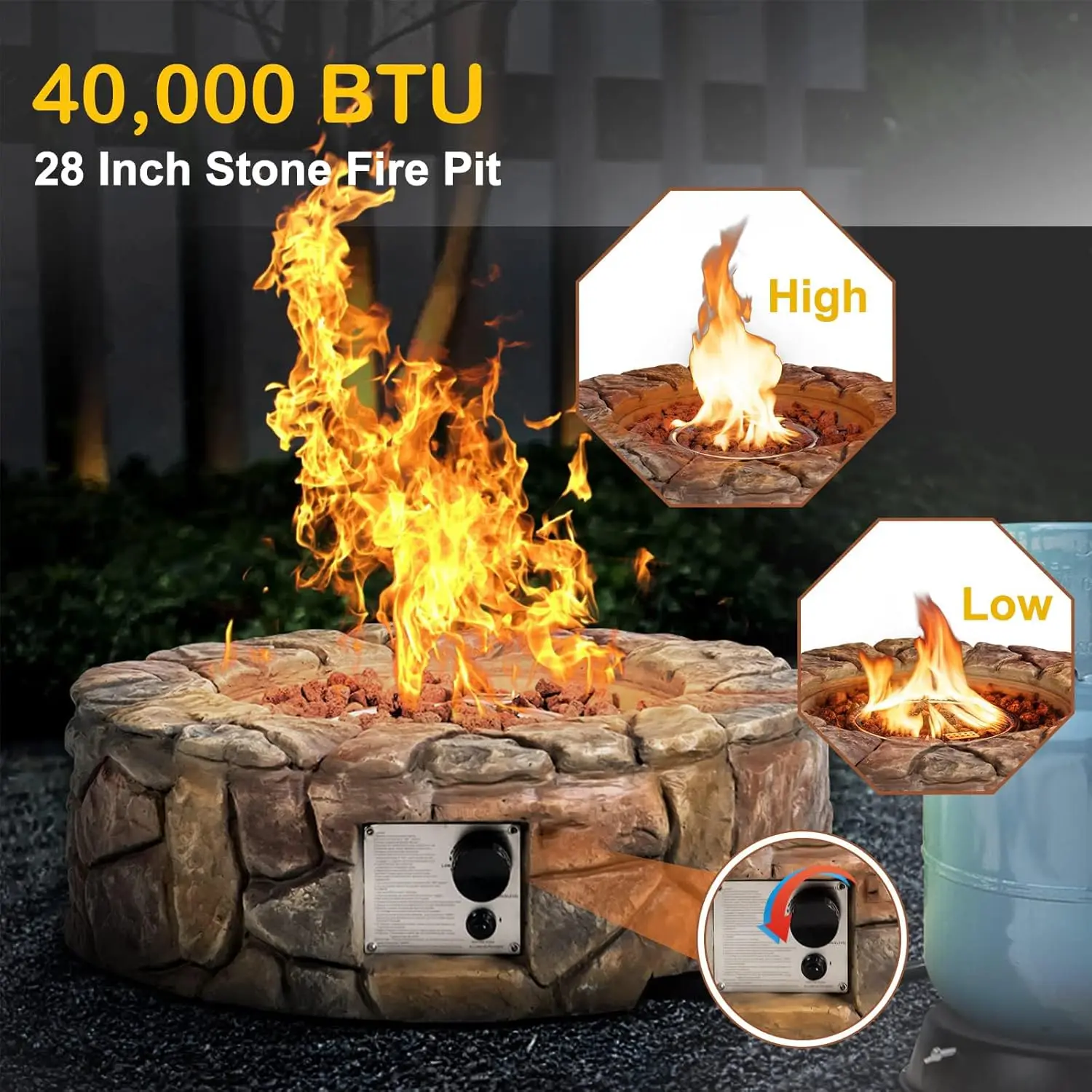 DORTALA Stone Propane Fire Pit, 28 Inch Propane Fire Pit Round w/Lava Rocks, PVC Cover, ETL Certified, Outdoor Gas Fire Pits