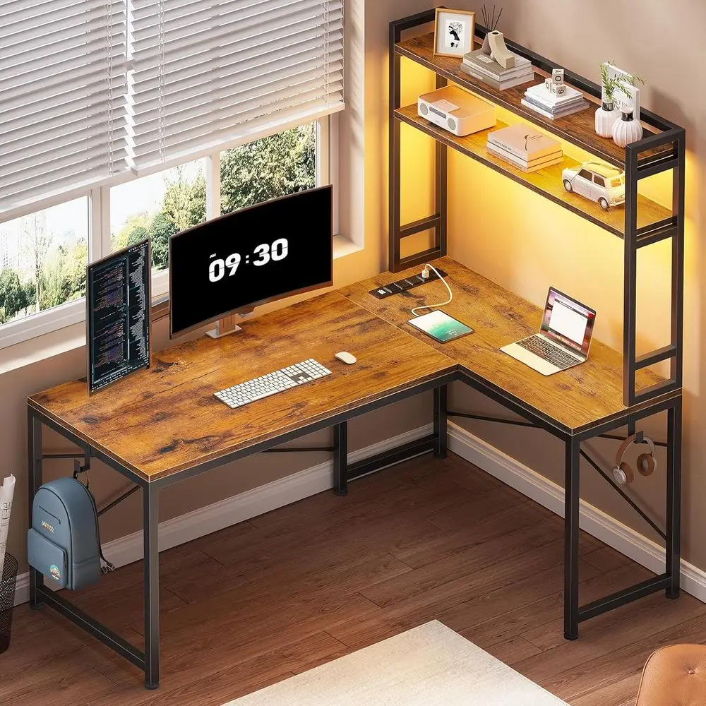 

L Shaped Desk with Hutch, 45.3” Reversible Home Oice Desk, L Shaped Gaming Desk with LED Lights, Power Outlet, Storage Shelves a