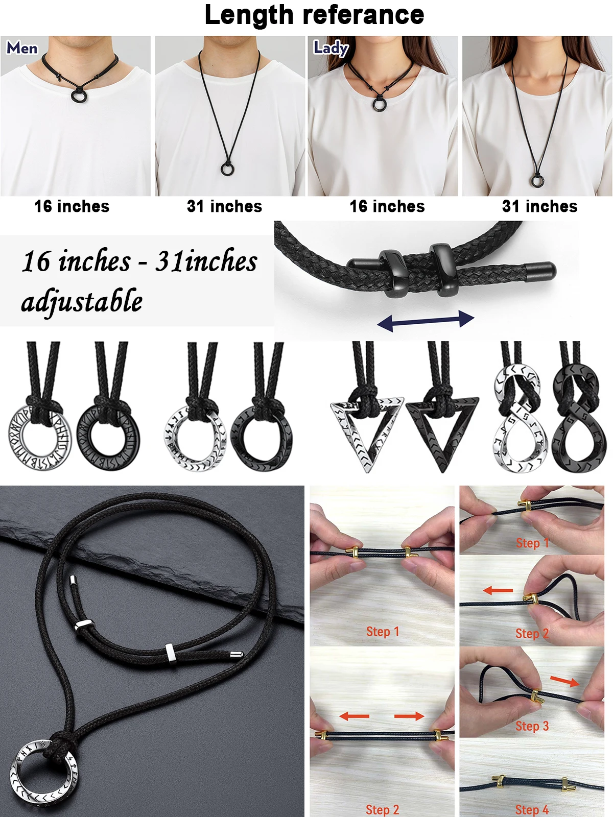 U7 Nordic Viking Necklaces for Men Mobius Infinity Triangle Bar Corss Wolf Hammer Axe Pendant & Wax Cord /Chain Stylish Jewelry