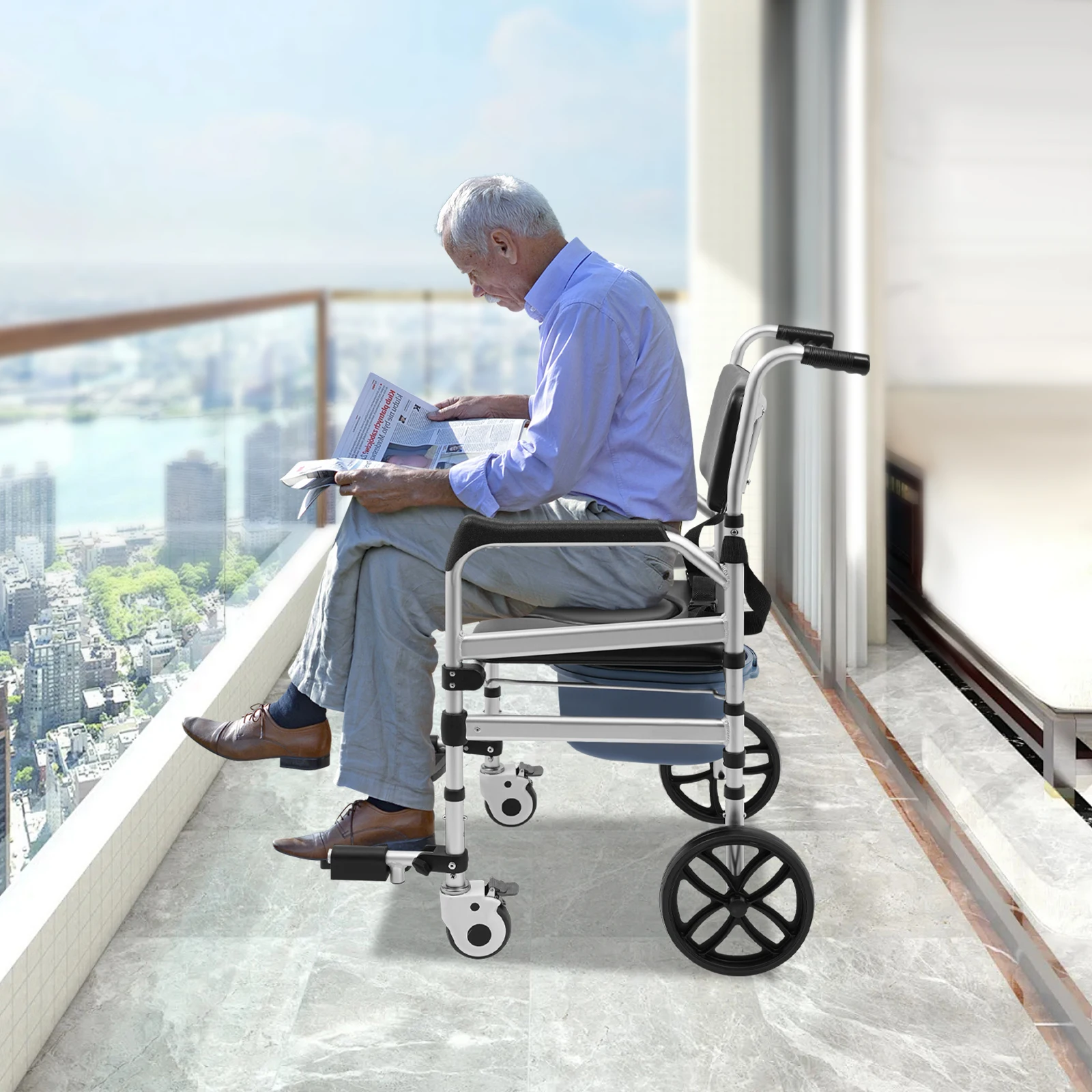 

Foldable Shower Chair with Wheels Aluminum Alloy 46-51cm Height Adjustable Shower Chair w/Safety Belt & Potty for Seniors