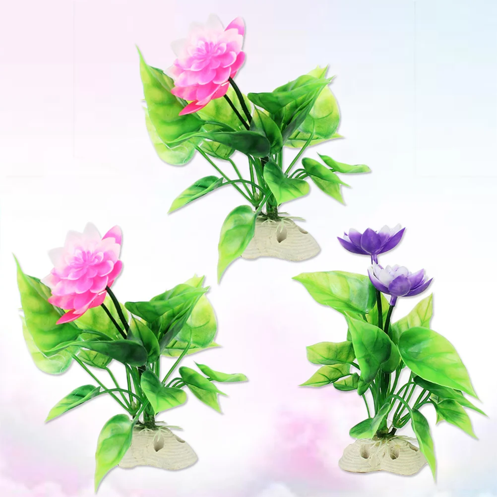 

3pcs Lotus Flower Aquarium Decorations Realistic Artificial Water Lily Plants For Fish Tank Base Stand Non-Toxic Washable