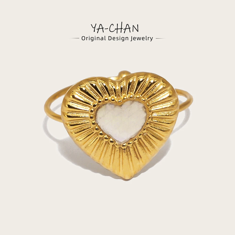 

YACHAN 18K Gold Plated Heart Stainless Steel Ring for Women Natural White Shell Vintage Adjustable Ring Trendy Jewelry