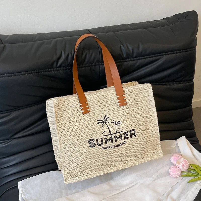 

Large Capacity Straw Woven Square Shoulder Bags Letters Simple Casual Summer Essential Handbags for Women 2025 Fashion New Tote