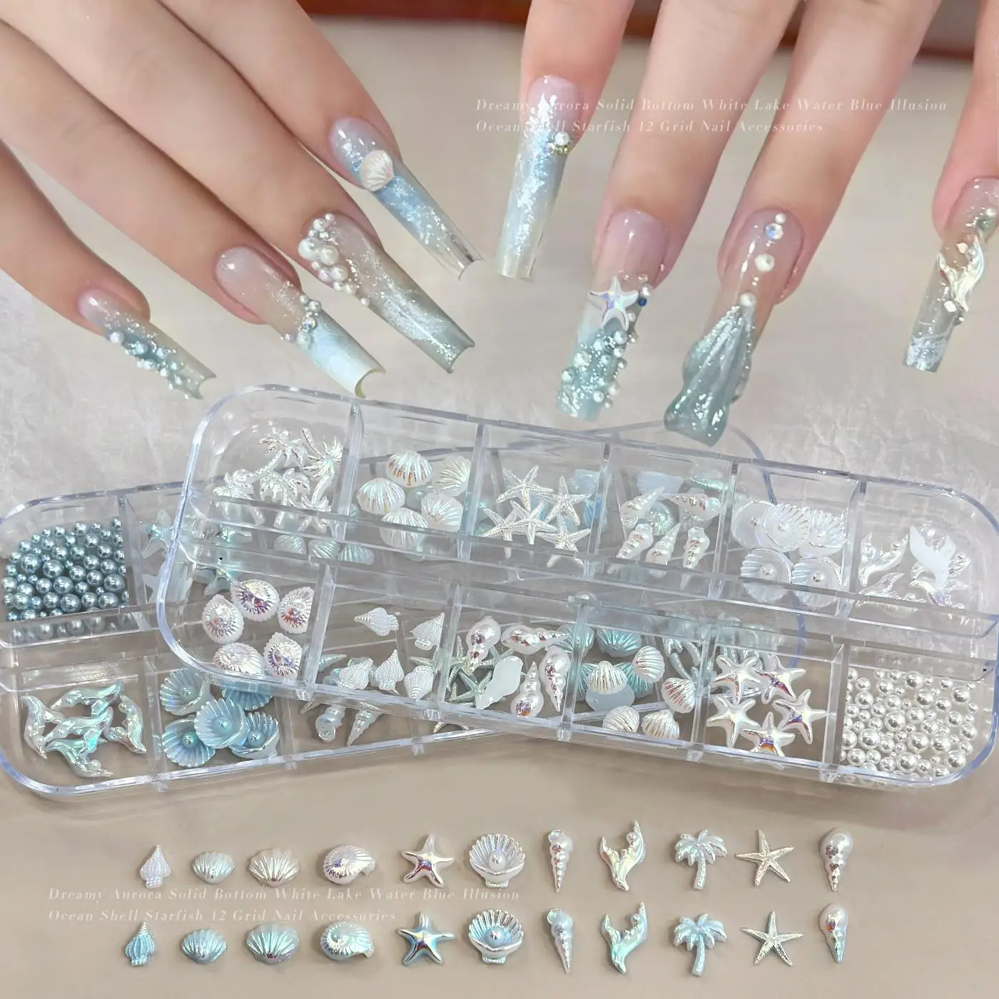 12Grids 3D Mixed Ocean Style Nail Art Charms Resin Shell Starfish Conch Beach Themed Nails Decorations for Summer & Mermaid Look