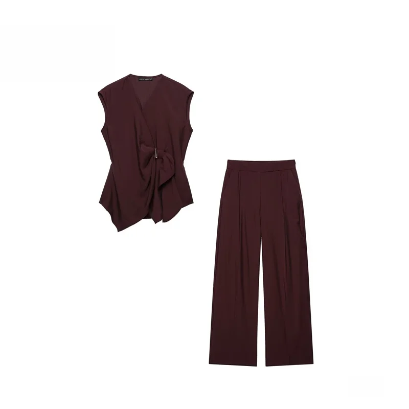 Golden Embellished Straight Leg Pants And Folded Top Two-Piece Set ZR Wind Women's Fashion Autumn Collection Polyester
