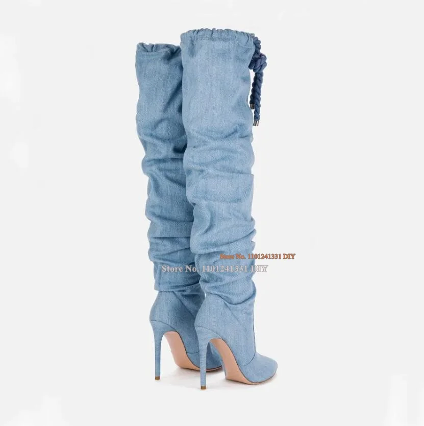 Light Blue Jeans Thin High Heel Knee High Women's Boots Denim Rope Lace High Heel Needle Women Pointed Toe Bota