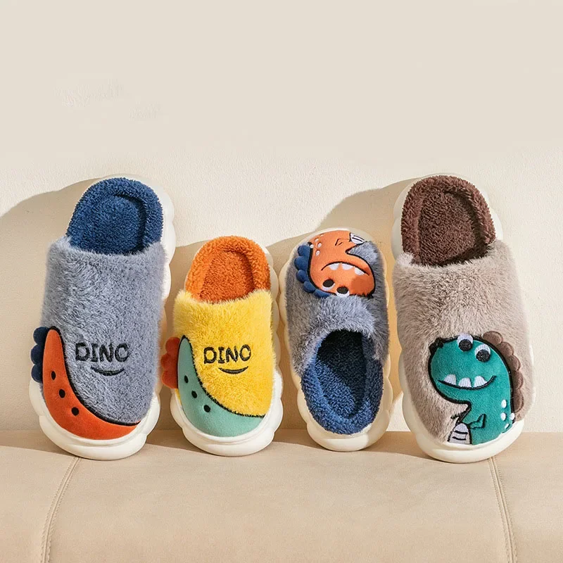 Winter Women Cotton Slippers Indoor House Men Women Couples Shoes Cute Cartoon Dinosaur Children Home Flat Casual Floor Slides