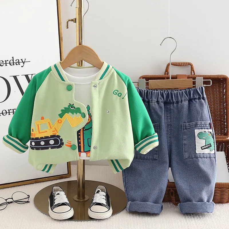 Spring Autumn Toddler Boys 3PCS Clothes Set Cartoon Printed Tops Dinosaurs Car Coat Stretch Jeans Suit Kids Boys Outfits