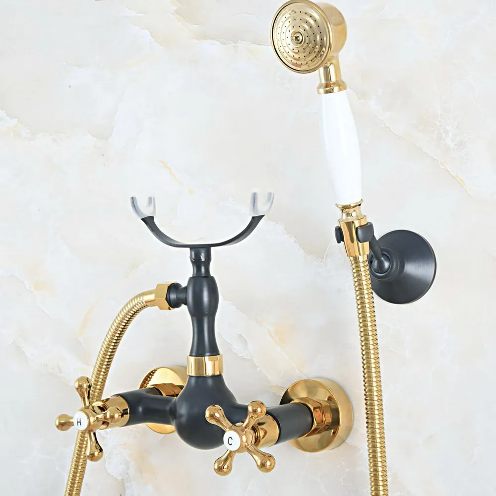 

Polished Gold & Oil Rubbed Brass Wall Mounted Bathroom Shower Faucet Set with 1.5M Hose Handheld Spray Head Mixer Tap Dna535