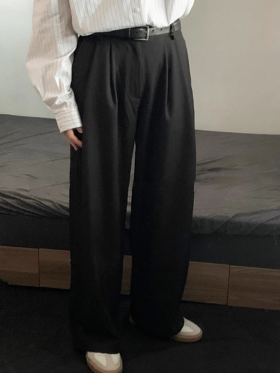 

Casual Loose Men's Black Classic Style Autumn Spring Double Pleated Drapey Straight Leg Long Pants Youth Trend Pure Color