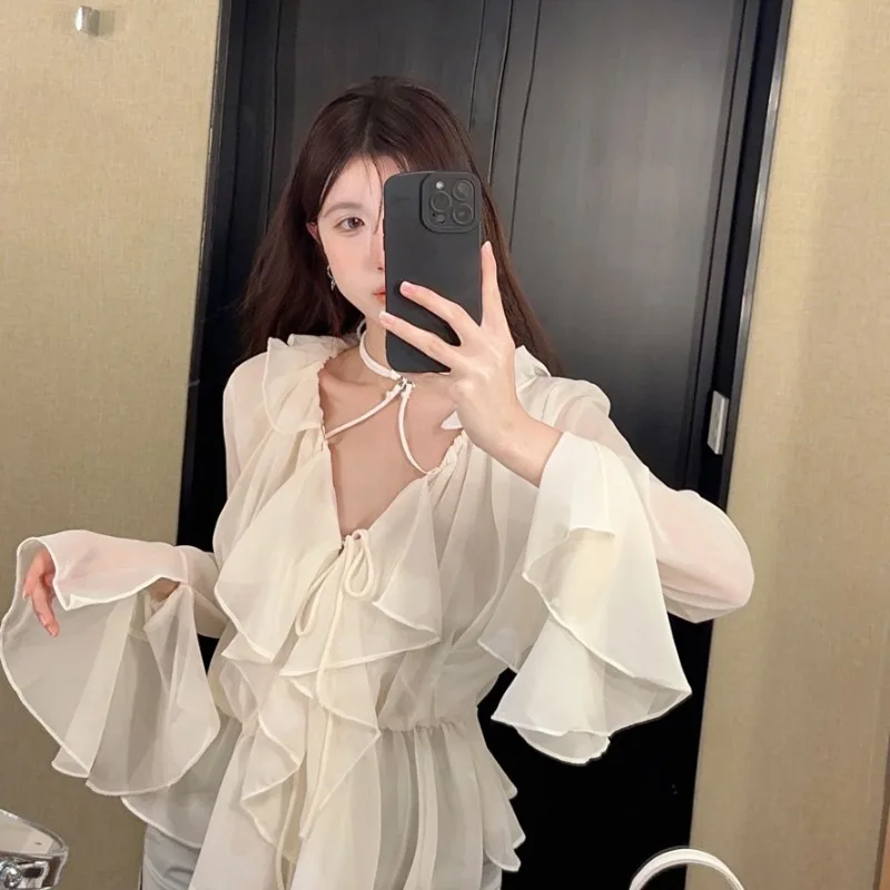 Tie Up Crop Tops Women Long Flare Sleeve V Neck Ruffle Tops and Blouse Summer See Through Sexy Casual Shirts Female