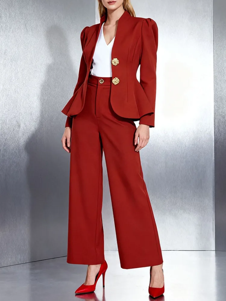 طقم بدلة بليزر بيبلوم برقبة على شكل V للسيدات من ZMEENNA جاكيت مقصوص بأزرار ذهبية وخصر عالي وواسع الساق وسراويل طويلة ZM4586