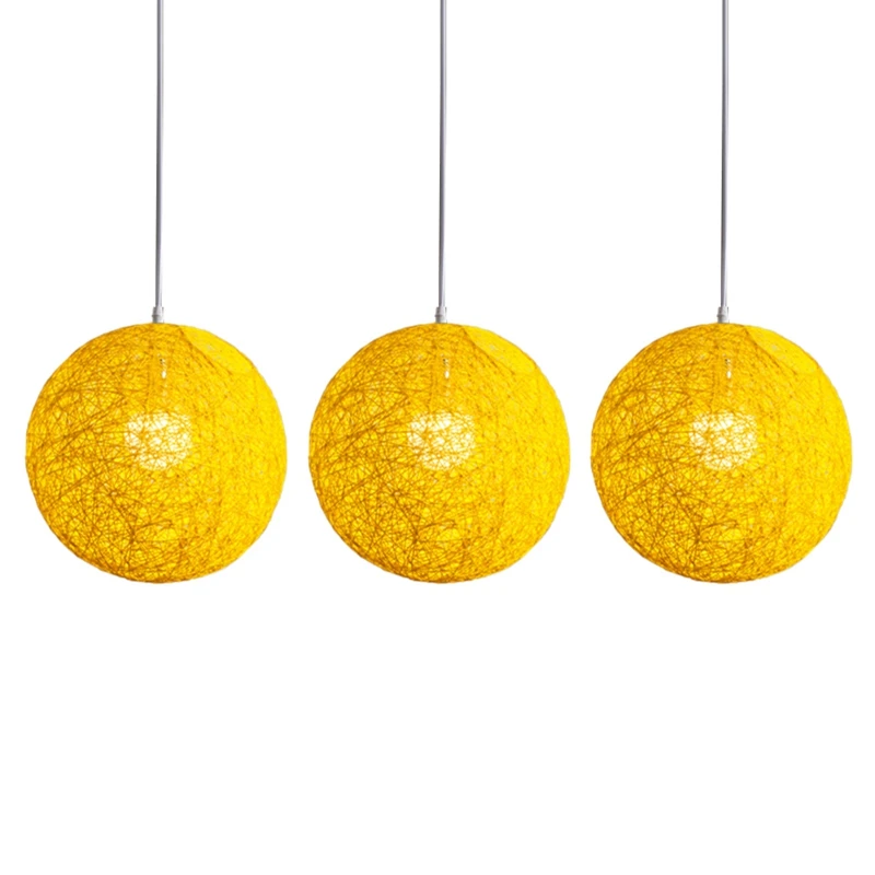 3X Yellow Bamboo, Rattan And Hemp Ball Chandelier Individual Creativity Spherical Rattan Nest Lampshade