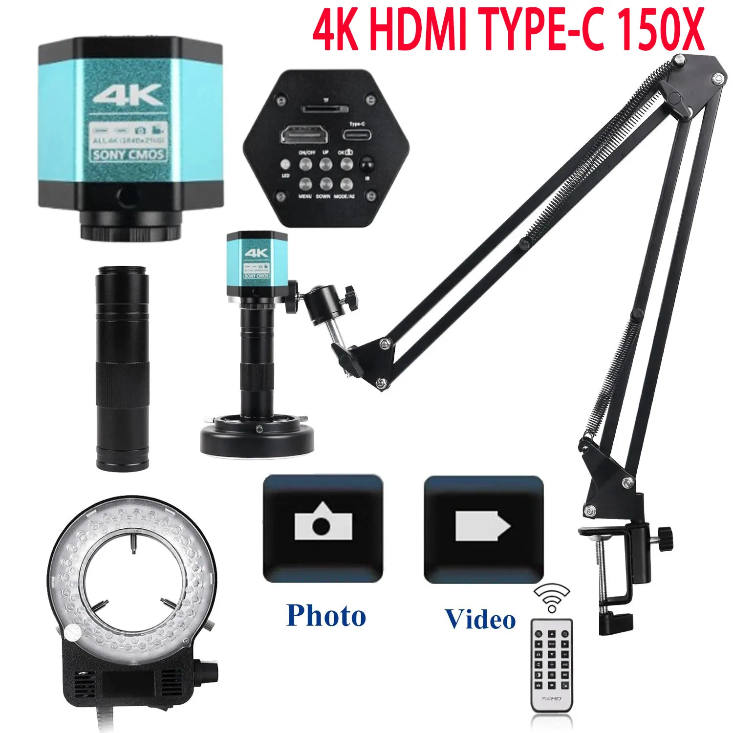 

Zoom 150X Full HD Camera Type-c/HDMI Port Industrial Microscope Adjustable Metal Arm Stand Bracket For PCB Soldering Phone Repai