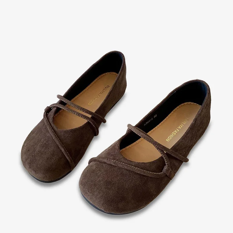 TRAF Sandalias planas lisas de gamuza para mujer, zapatos de otoño con correa fina y dulce, nueva cabeza redonda, punta cerrada, boca poco profunda, zapato informal para mujer