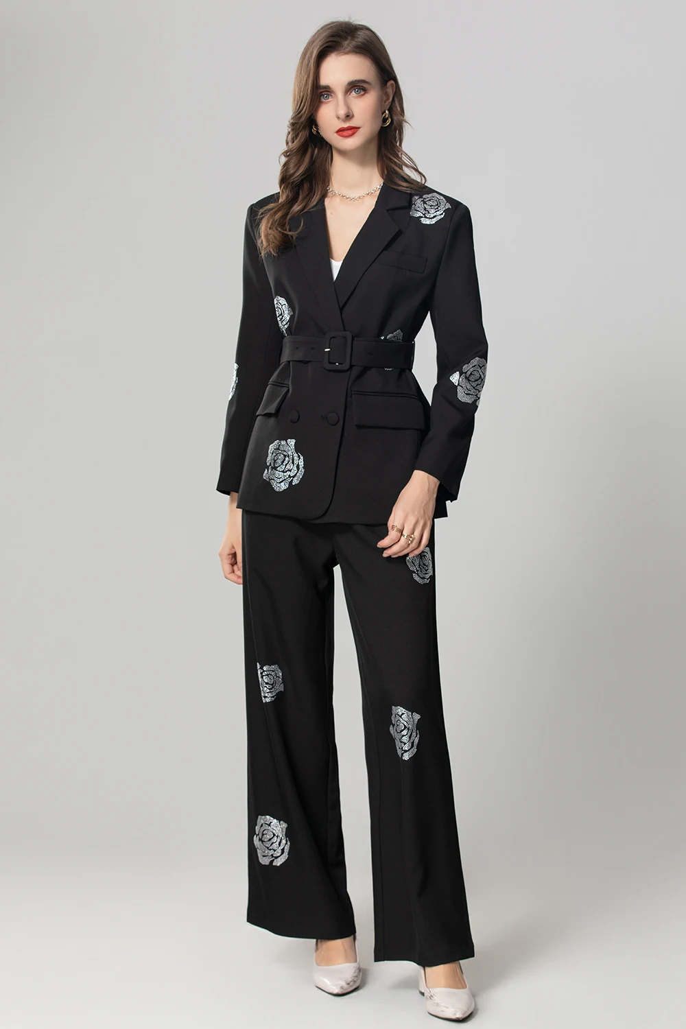 SEQINYY Black Suit Spring Autumn New Fashion Design Women Runway Blazer + Long Pants Beading Flower Rose High Street Office Lady