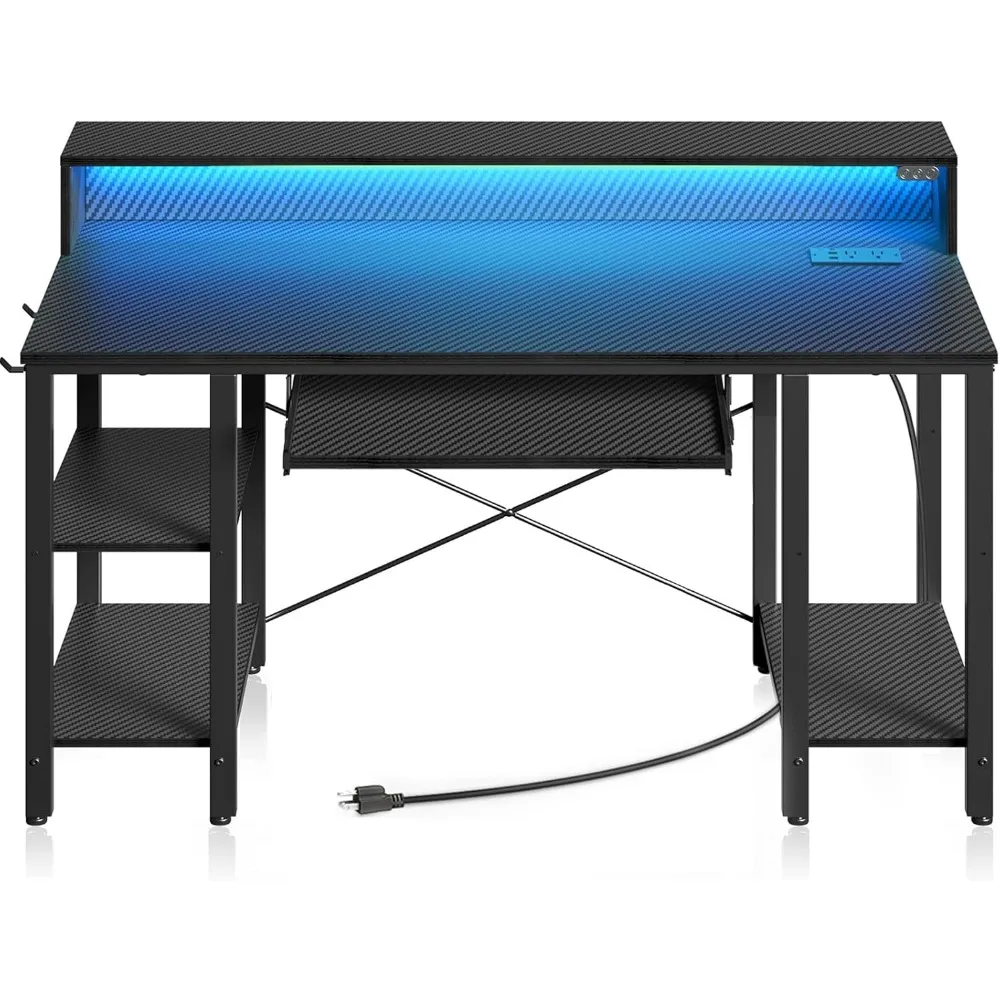 Computer Desk with LED Lights & Power Outlets, 54” Gaming Desk with Storage Shelves, Home Office Desk with Keyboard Tr