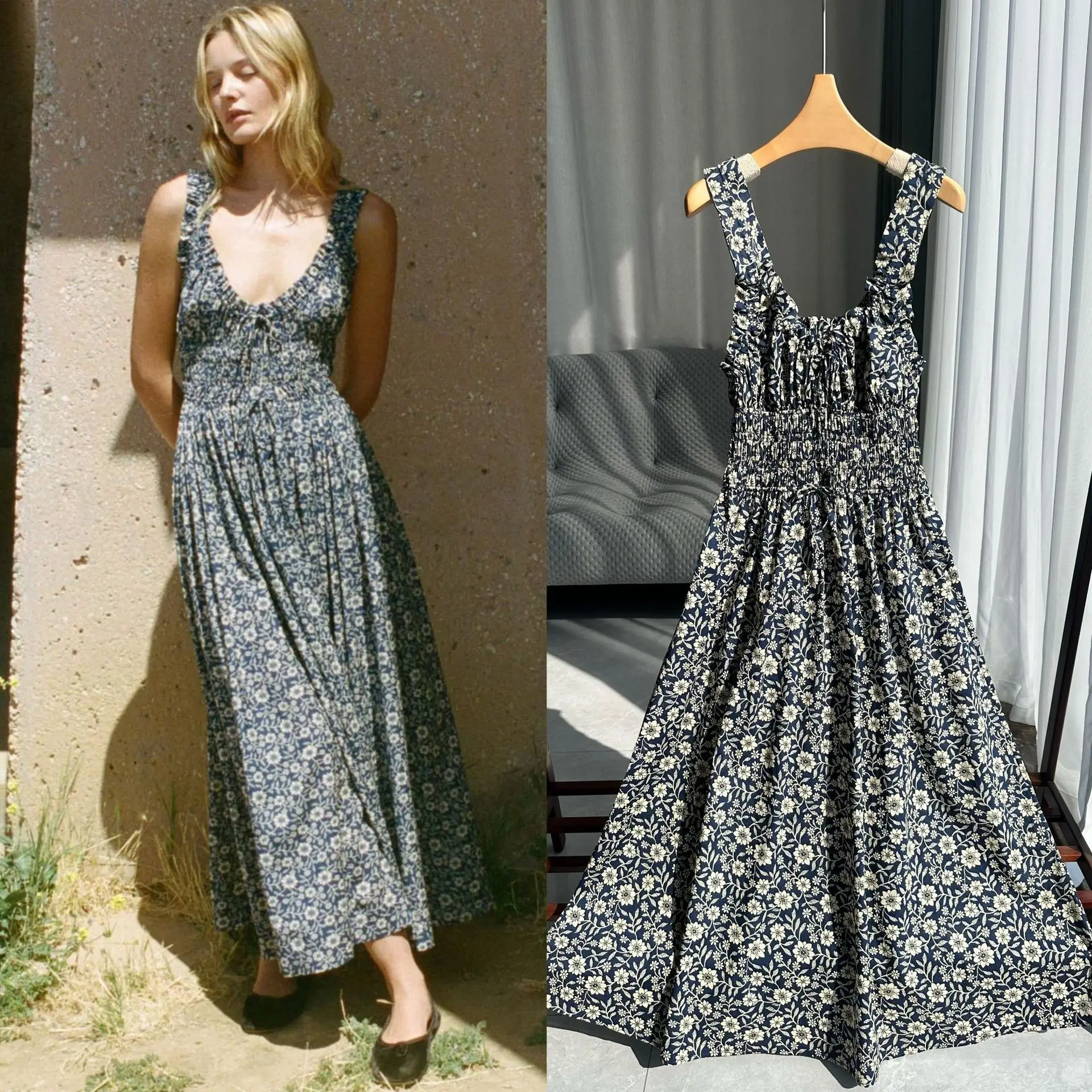 

Retro Blue Floral Romantic Fre Floral Full Bloom Dstring Waist Svel Dr Cotton French Sle Elastic Waist Cotton...