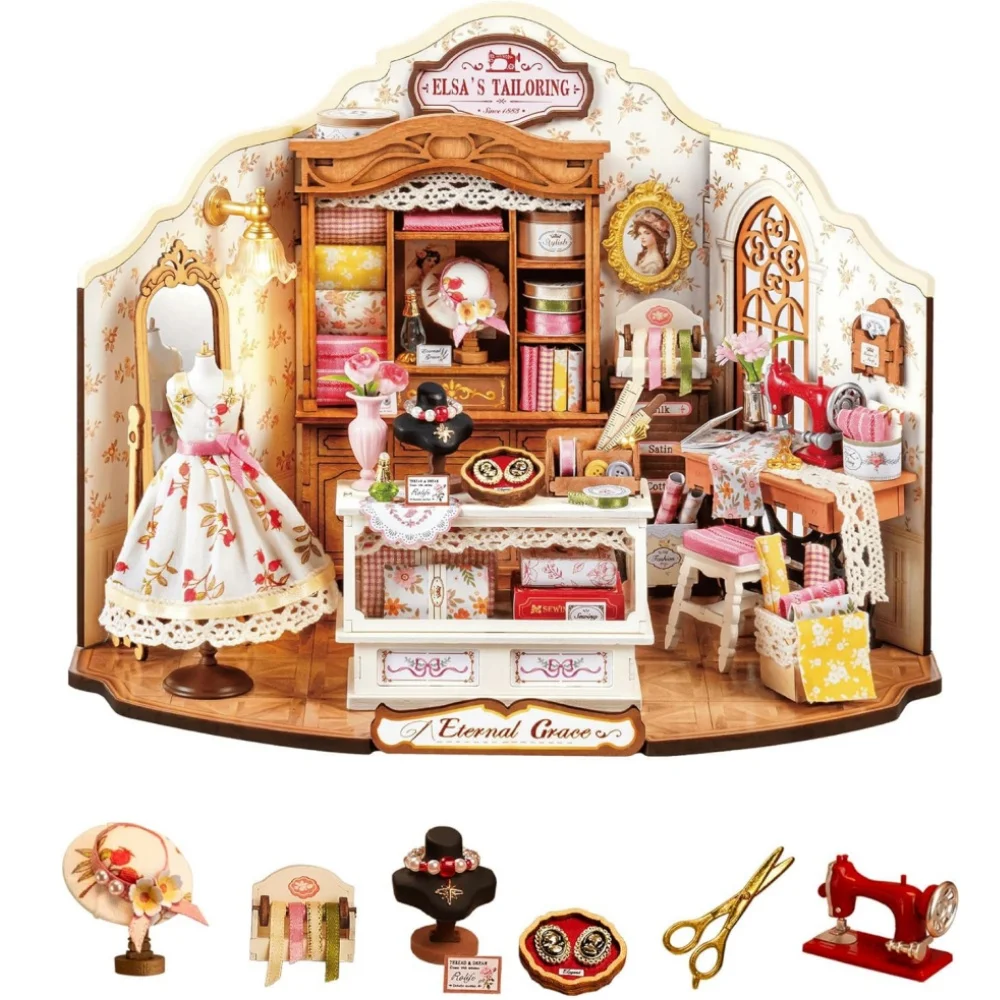 

Robotime DIY Miniature House Kit Elsa's Tailoring 1:18 Scale Dollhouse Building Kit Antique Bookshelf Display Crafts for Adults
