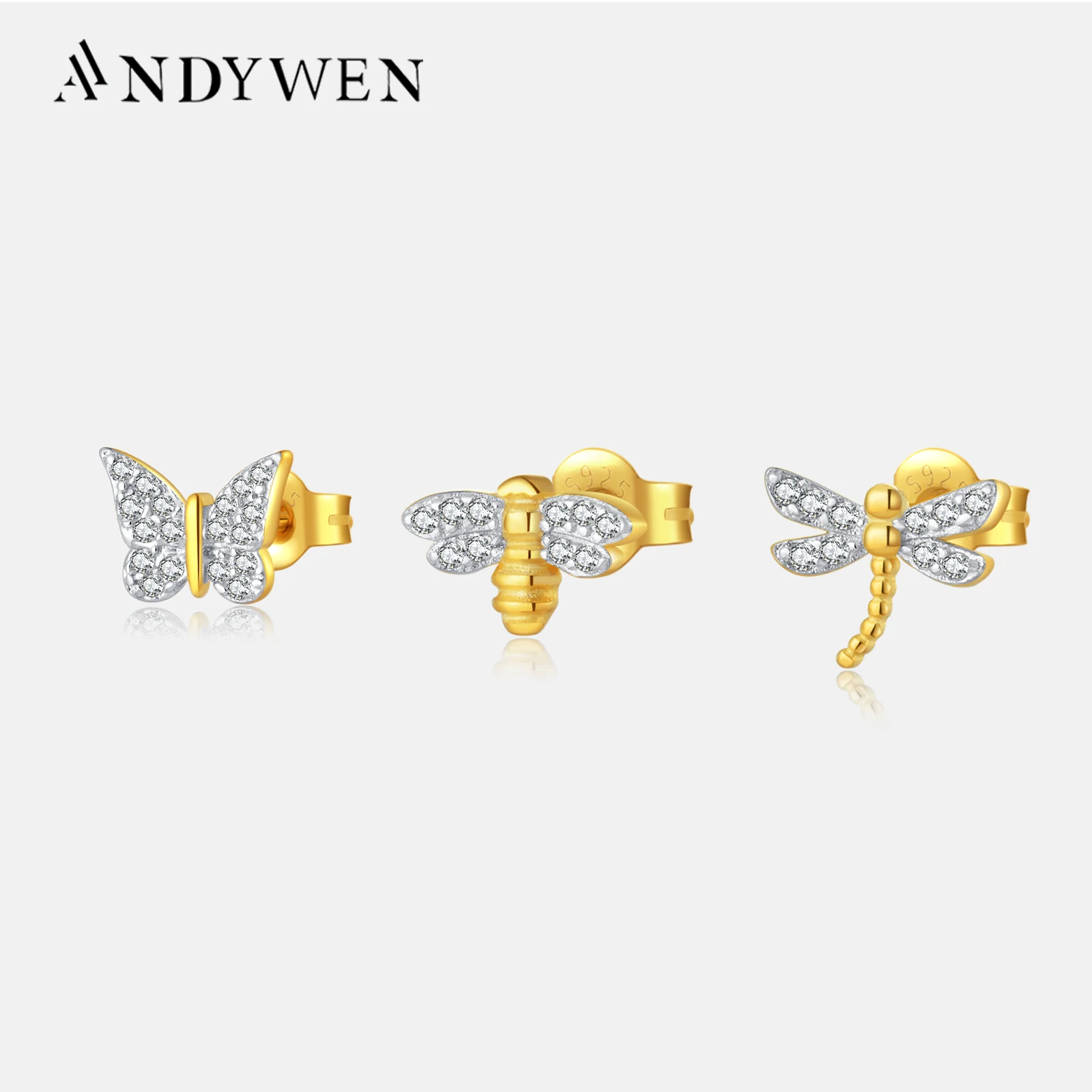 

ANDYWEN 925 пробы серебряные одинарные золотые серьги для пирсинга со стрекозой, изысканные роскошные украшения