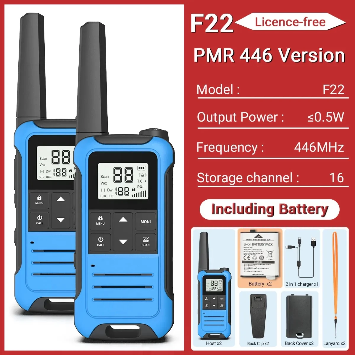 2PCS Baofeng F22 PMR 446MHz Mini Walkie Talkie Waterdicht Type-C Licentievrij NOAA Zaklamp Draagbare tweewegradio voor de jacht