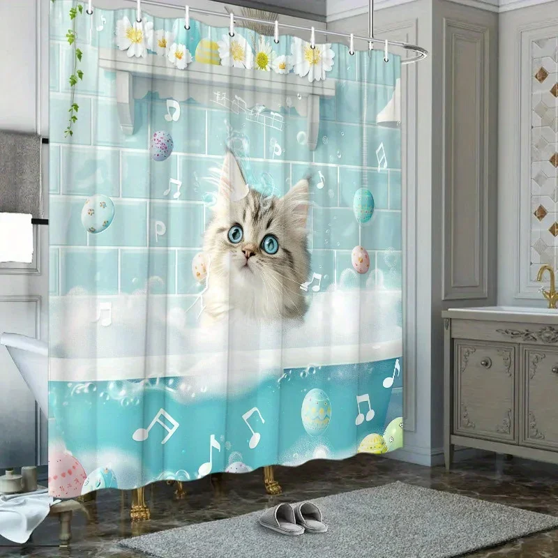 ~O~One Whimsical Shower Curtain Featuring Gray Cats And Musical Notes, Measuring 70.8 by 70.8 Inches, Complete with 12 Hooks.