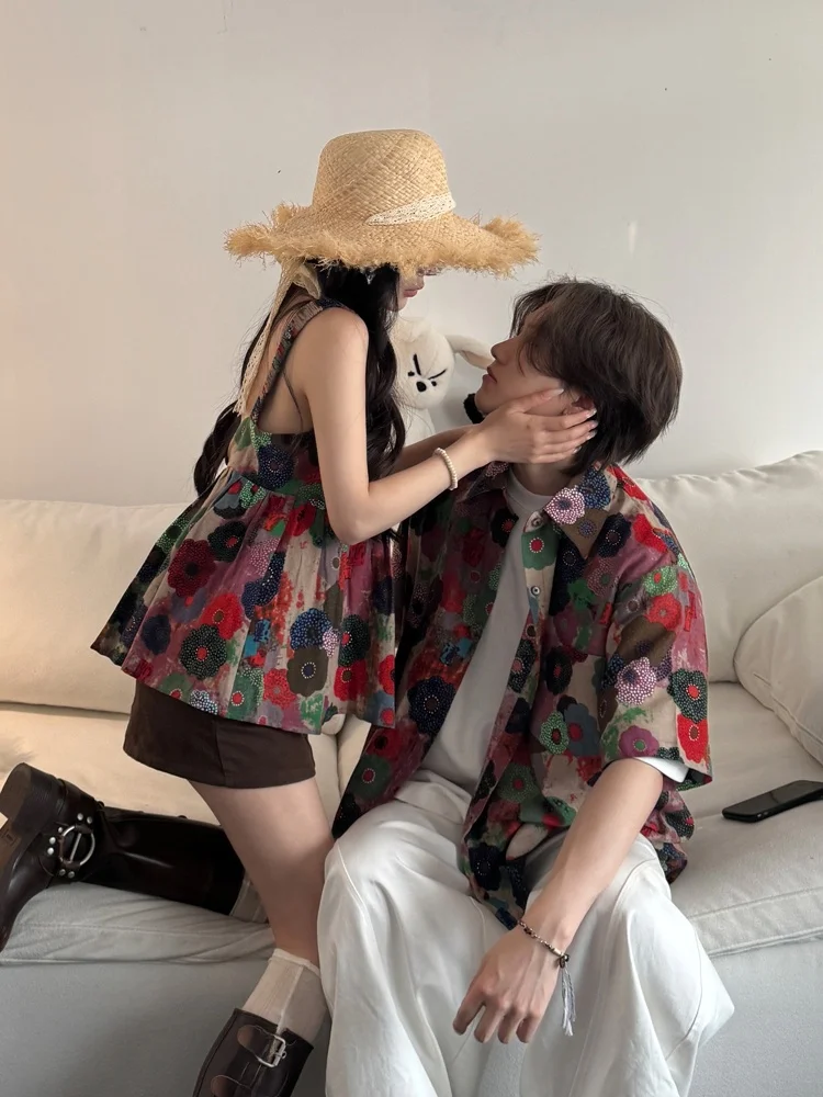 

Retro Couple Outfits Summer Short Sleeve Shirt Design Floral Oil Painting Halter Vest One Long One Short Top Men's Casual Shirt