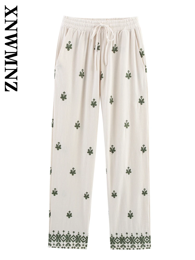 

XNWMNZ 2025 Summer New Woman Simple boho embroidery Wide Leg Pants Holiday Woman's khaki Long Pants Fashion Floral High Waist