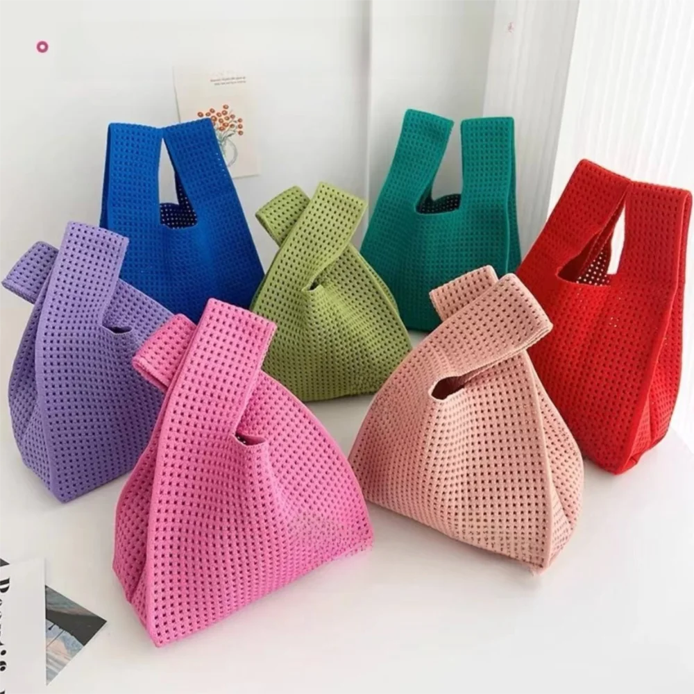 Korean Style Retro Knit Handbag Large Capacity Solid Color Tote Bag Hollow Out Wristlet Bag for Women