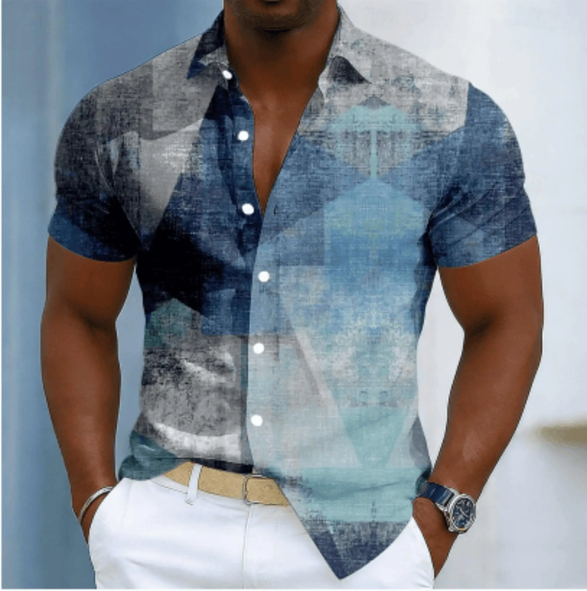 

Men's Geometric Patchwork Blue Gray Print Short Sleeve Shirt, Spring Summer Retro Casual Business Blouse, Loose Casual Top