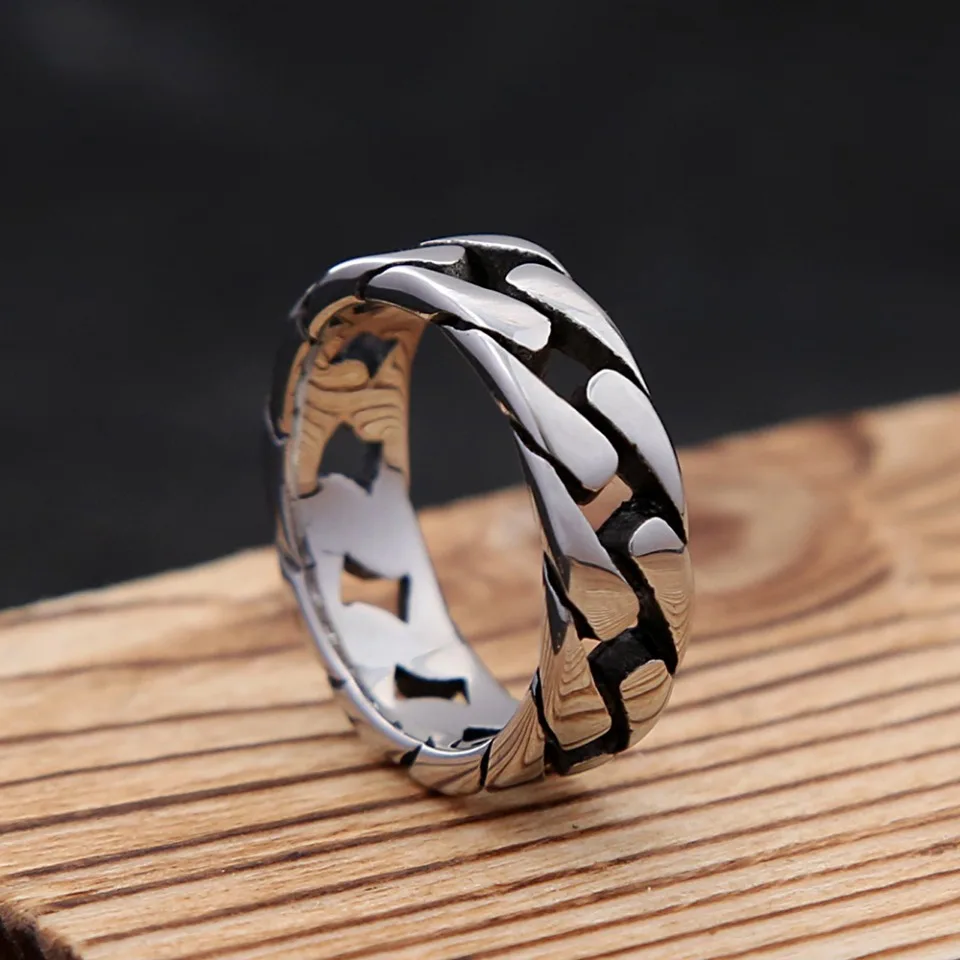 Simple Vintage Hollow Cuban Chain Ring 316L Stainless Steel Punk Hip Hop Biker Rings For Men Women Amulet Jewelry Gift Wholesale
