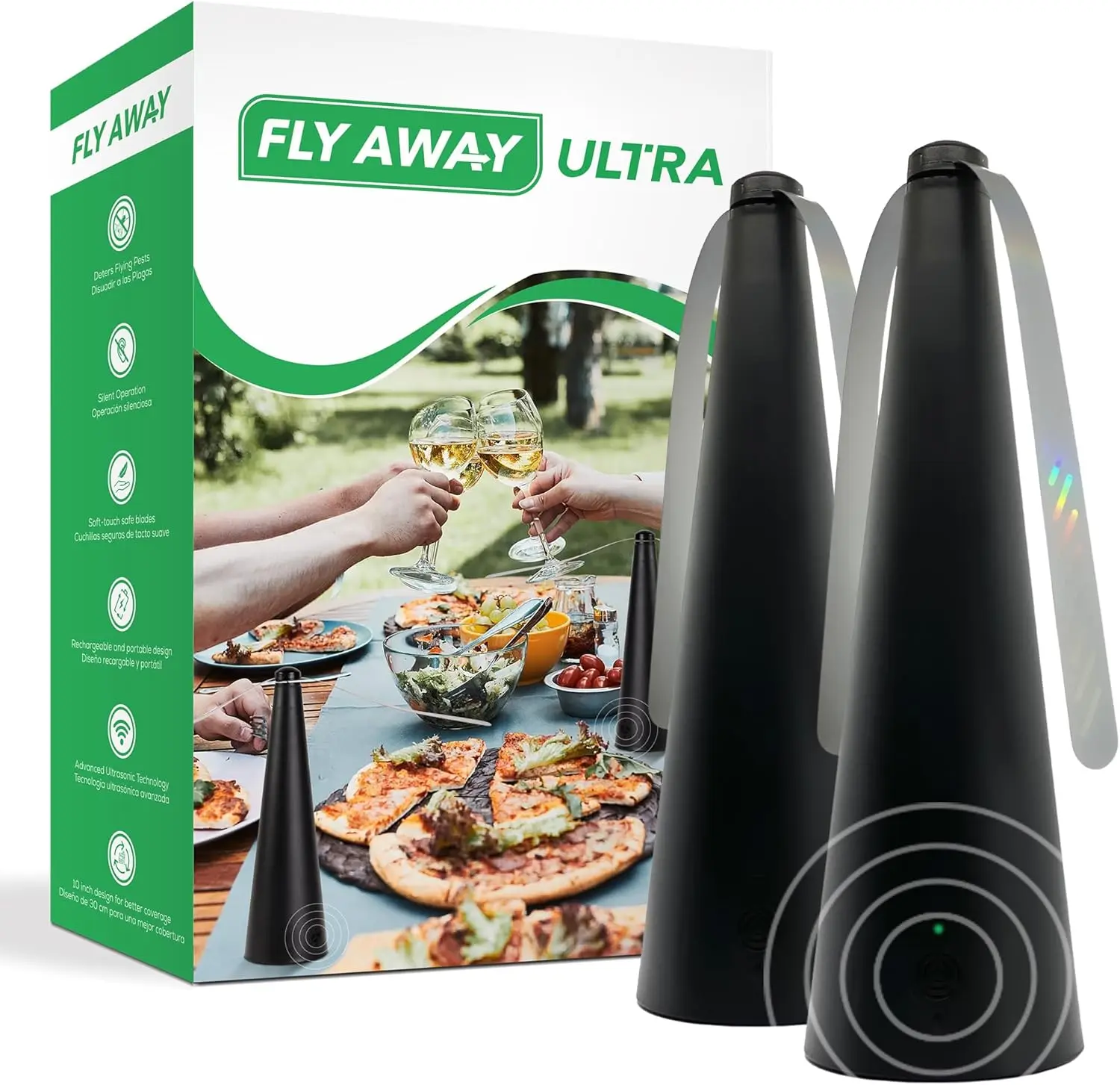 

Rechargeable Outdoor Fly Fan with Ultrasound - 2 Pack for Tables, Indoor/Outdoor Use, Deters Flies and Bugs