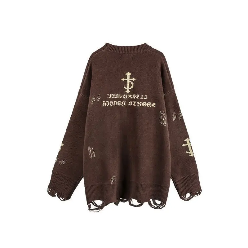 Pullovers Men Holes Letter Print Fashion Autumn Winter Loose Casual Sweaters Couples High Street O-neck Ripped Design Popular