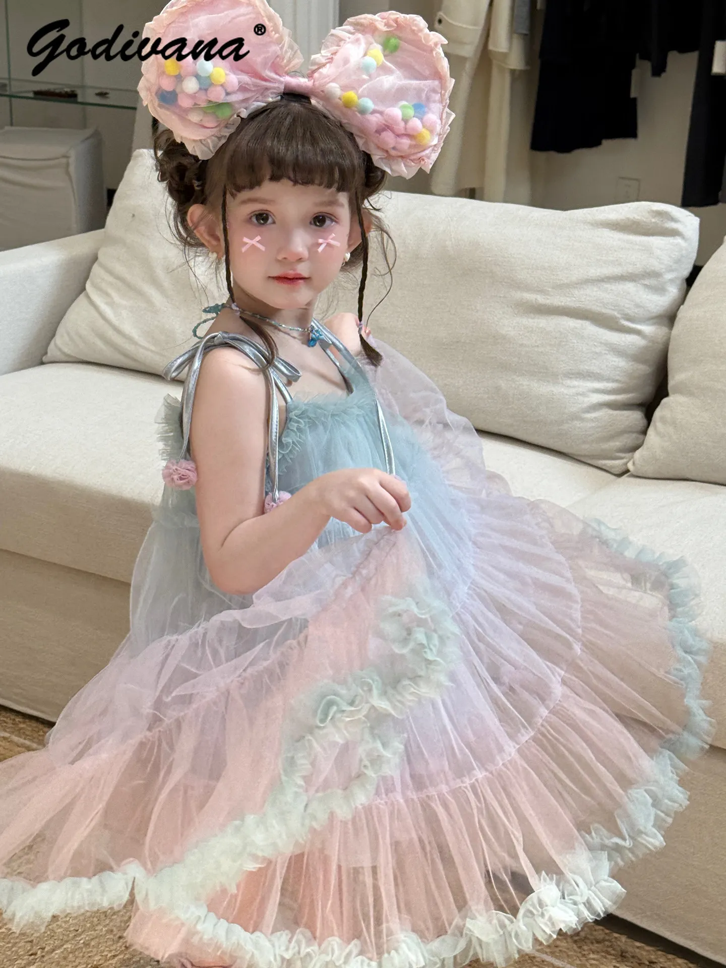 Sweet Baby Girls Dopamine Rainbow Gradient Princess Sundress New Summer 2026 Kids Soft Tulle Patchwork Ruffle Trim A-line Dress
